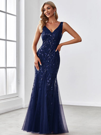 Women's Double V-Neck Fishtail Sequin Evening Dress #Color_Navy Blue