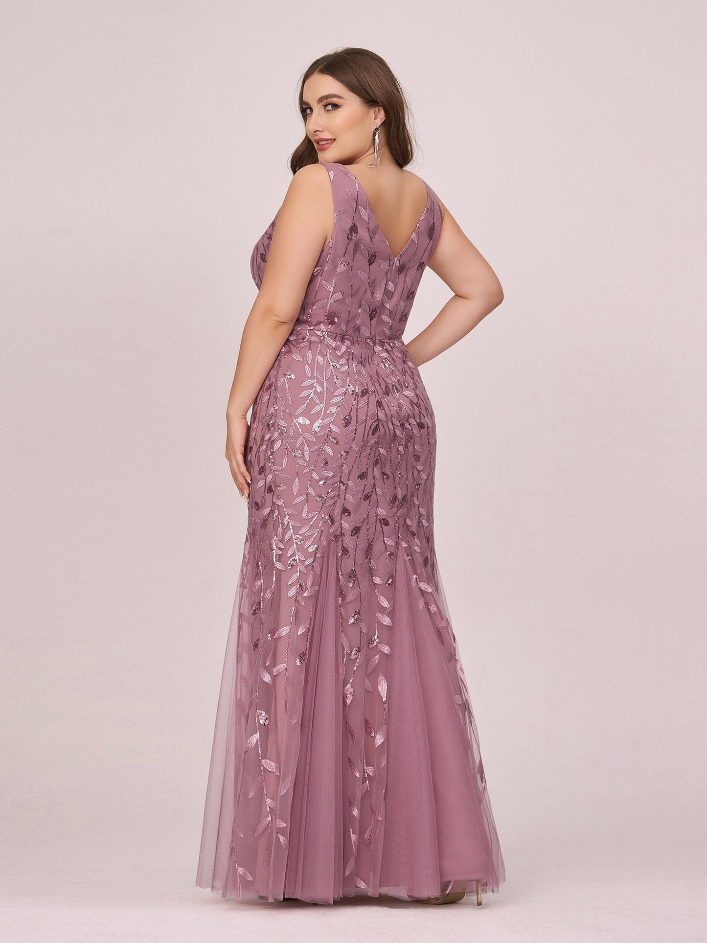 Custom Size Double V-Neck Fishtail Sequin Formal Maxi Evening Dress #color_Purple Orchid