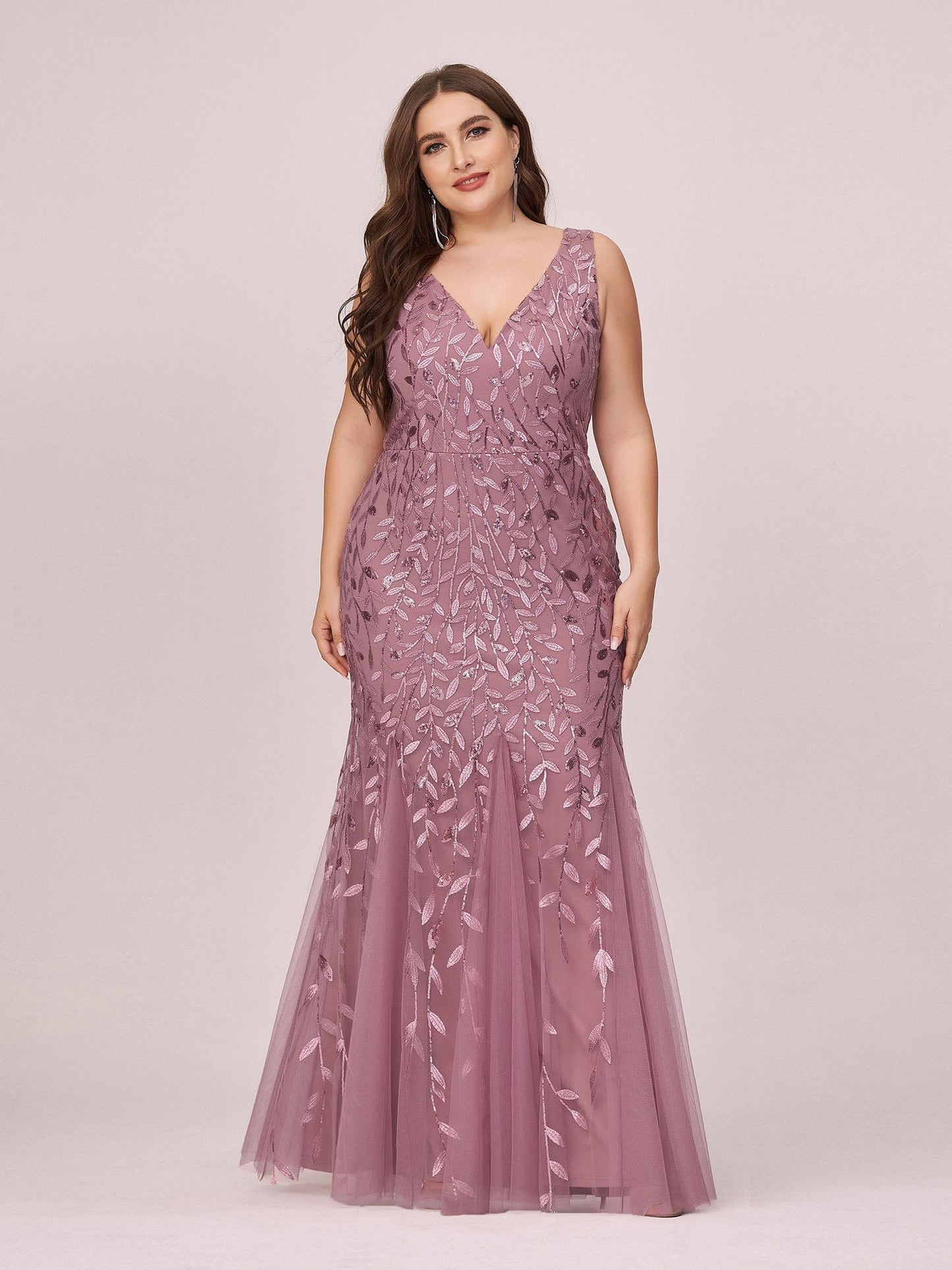 Custom Size Double V-Neck Fishtail Sequin Formal Maxi Evening Dress #color_Purple Orchid