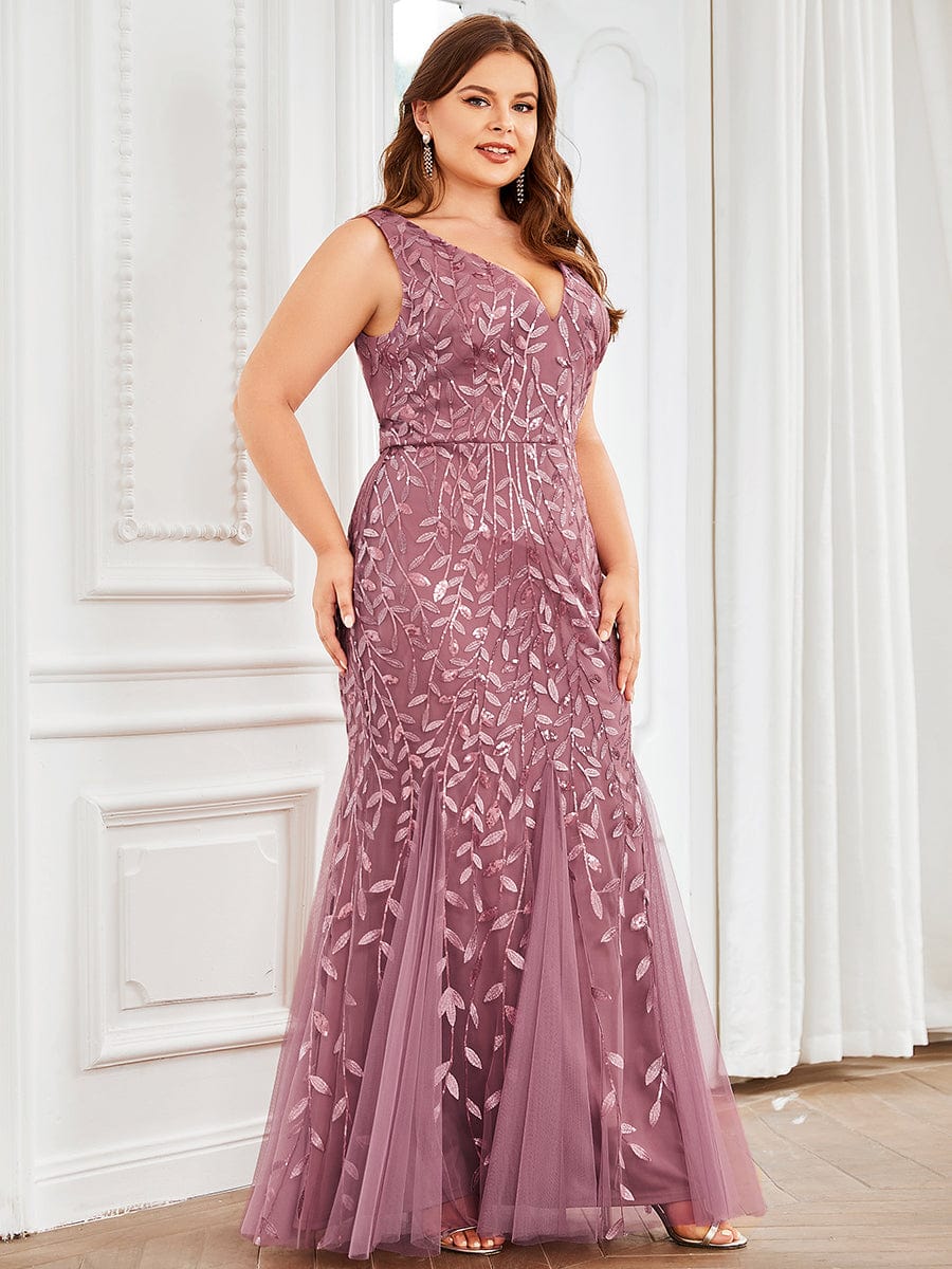 Plus Size Double V-Neck Fishtail Sequin Formal Maxi Evening Dress #color_Purple Orchid 