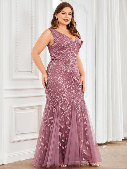 Plus Size Double V-Neck Fishtail Sequin Formal Maxi Evening Dress #color_Purple Orchid 