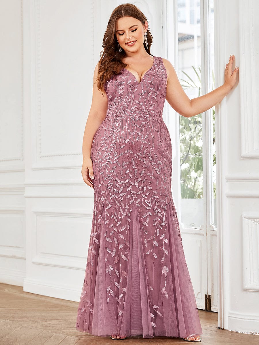 Plus Size Double V-Neck Fishtail Sequin Formal Maxi Evening Dress #color_Purple Orchid 