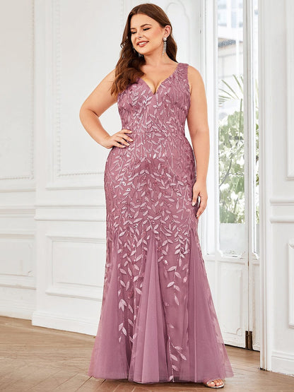 Plus Size Double V-Neck Fishtail Sequin Formal Maxi Evening Dress #color_Purple Orchid 