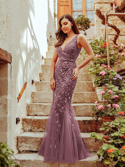 Women's Double V-Neck Fishtail Sequin Evening Dress #Color_Purple Orchid