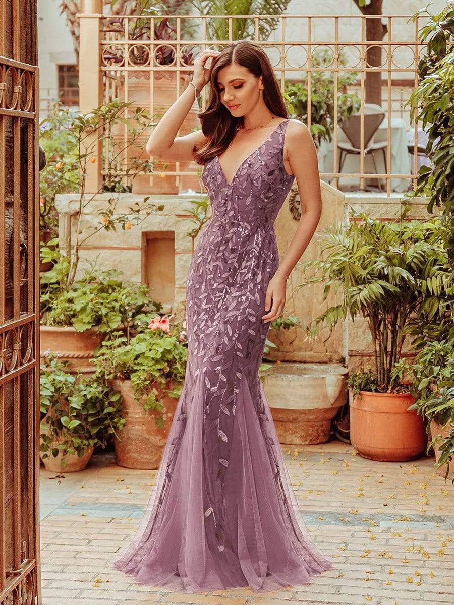 Women's Double V-Neck Fishtail Sequin Evening Dress #Color_Purple Orchid