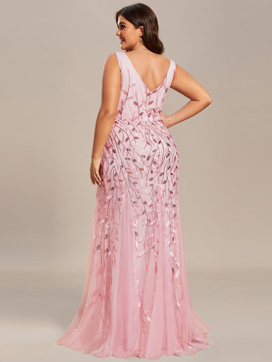 Sleeveless Deep V-Neck Fishtail Leaf Sequin Evening Dress #Color_Pink