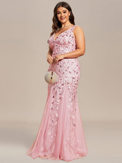 Plus Size Double V-Neck Fishtail Sequin Formal Maxi Evening Dress #color_Pink