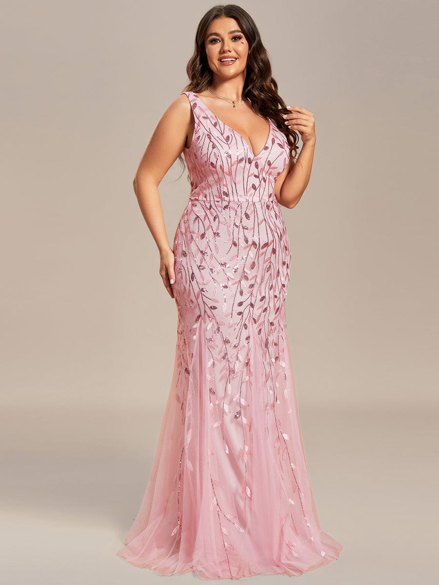 Sleeveless Deep V-Neck Fishtail Leaf Sequin Evening Dress #Color_Pink