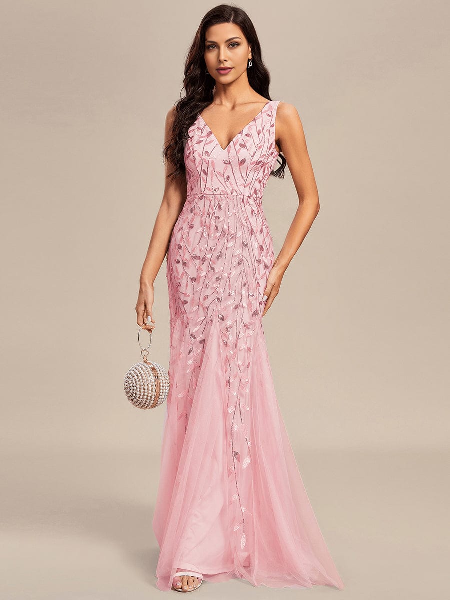 Sleeveless Deep V-Neck Fishtail Leaf Sequin Evening Dress #Color_Pink