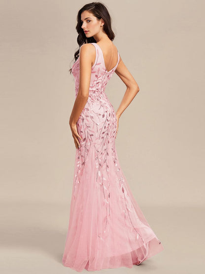 Sleeveless Deep V-Neck Fishtail Leaf Sequin Evening Dress #Color_Pink