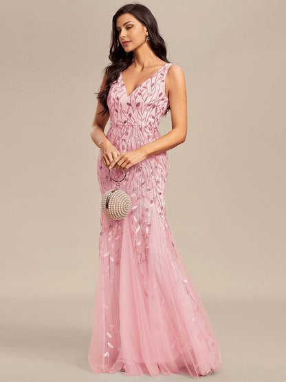 Sleeveless Deep V-Neck Fishtail Leaf Sequin Evening Dress #Color_Pink