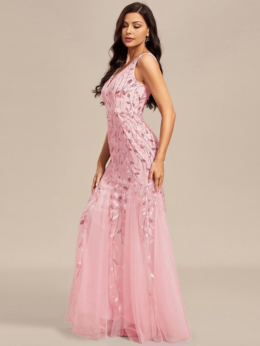 Sleeveless Deep V-Neck Fishtail Leaf Sequin Evening Dress #Color_Pink