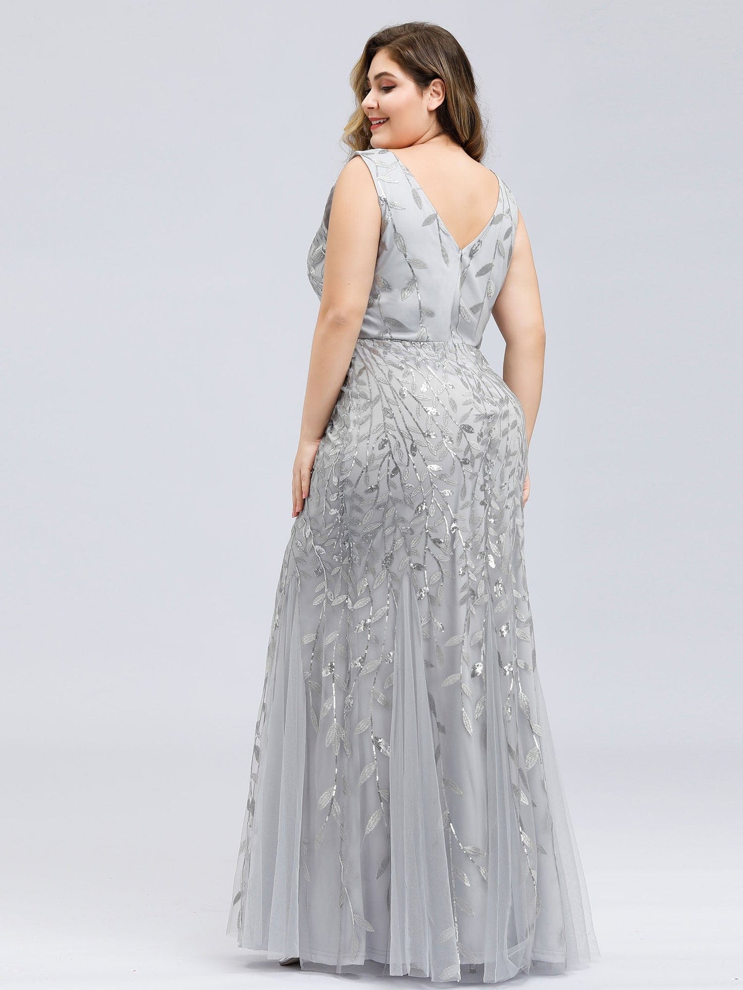 Custom Size Double V-Neck Fishtail Sequin Formal Maxi Evening Dress #color_Silver