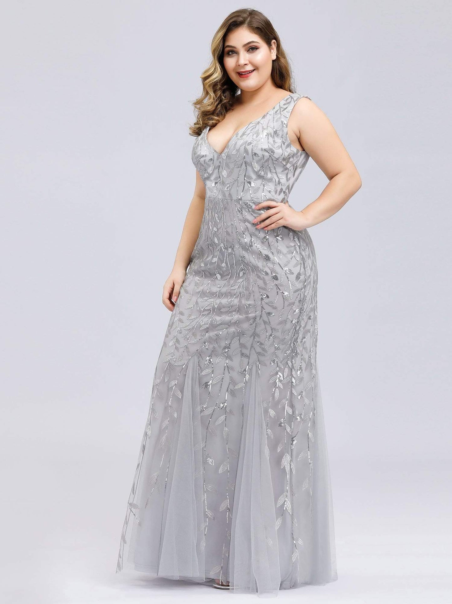 Plus Size Maxi Sequin Formal Dresses & Gowns #Color_Silver