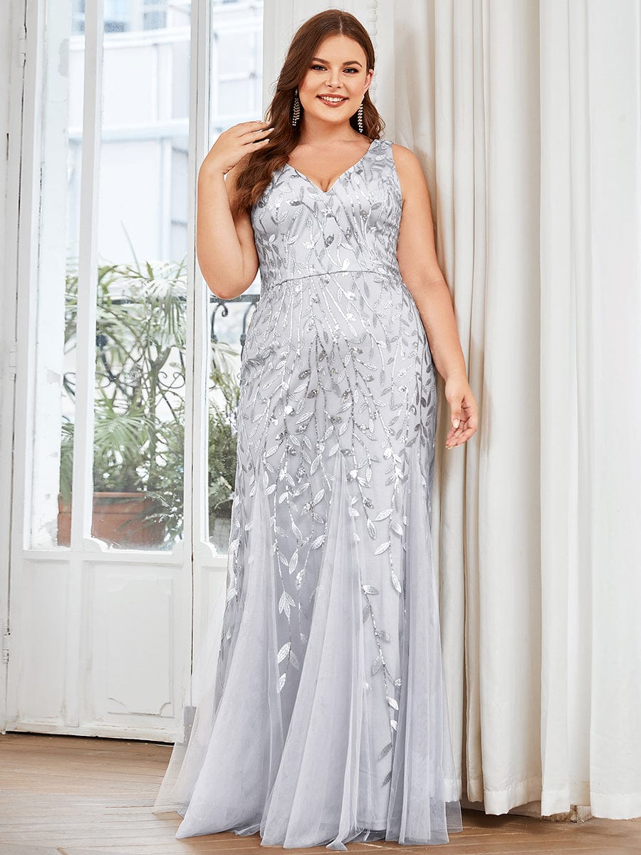 Plus Size Double V-Neck Fishtail Sequin Formal Maxi Evening Dress #color_Silver 