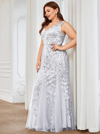 Plus Size Double V-Neck Fishtail Sequin Formal Maxi Evening Dress #color_Silver 