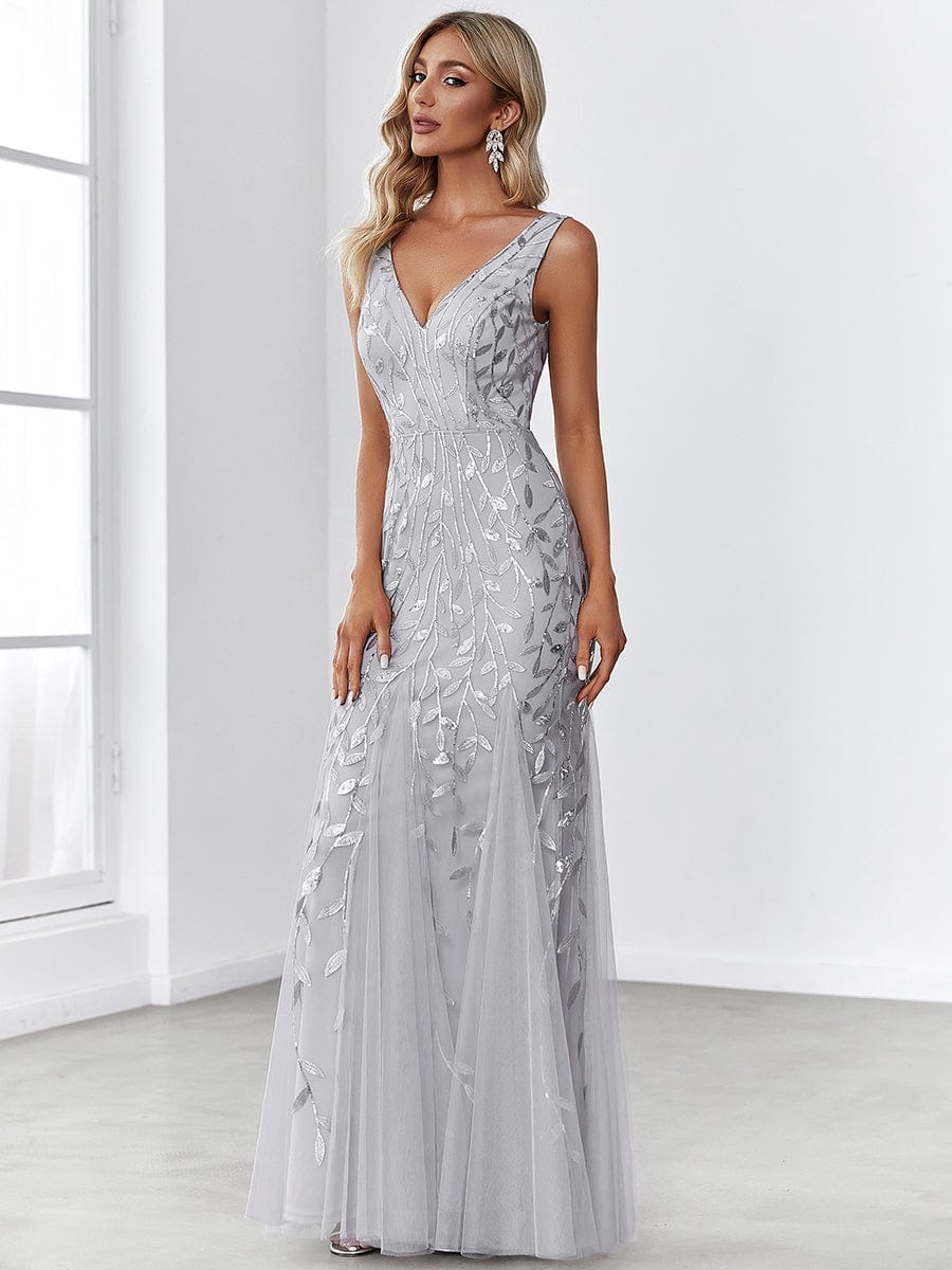 Women's Double V-Neck Fishtail Sequin Evening Dress #Color_Silver