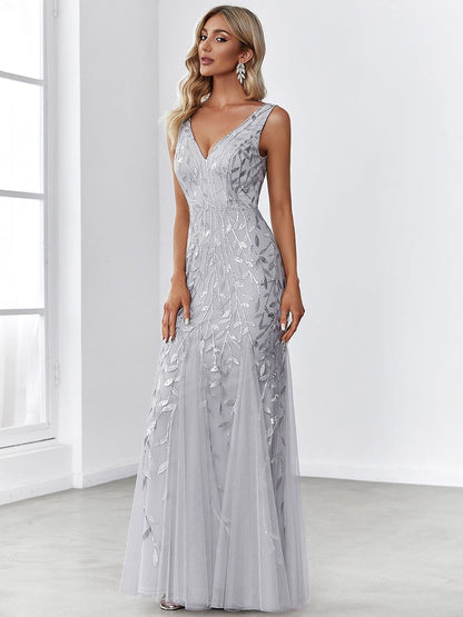 Women's Double V-Neck Fishtail Sequin Evening Dress #Color_Silver