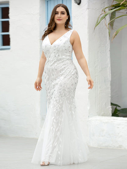 Custom Size Double V-Neck Fishtail Sequin Formal Maxi Evening Dress #color_White