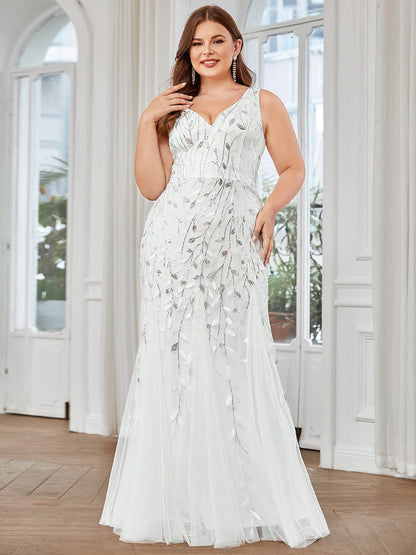 Plus Size Double V-Neck Fishtail Sequin Formal Maxi Evening Dress #color_White 