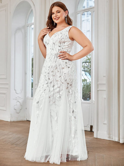 Plus Size Double V-Neck Fishtail Sequin Formal Maxi Evening Dress #color_White 