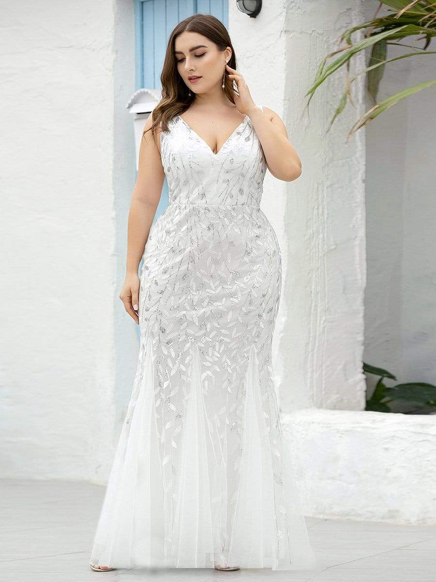 Sleeveless Deep V-Neck Fishtail Leaf Sequin Evening Dress #Color_White