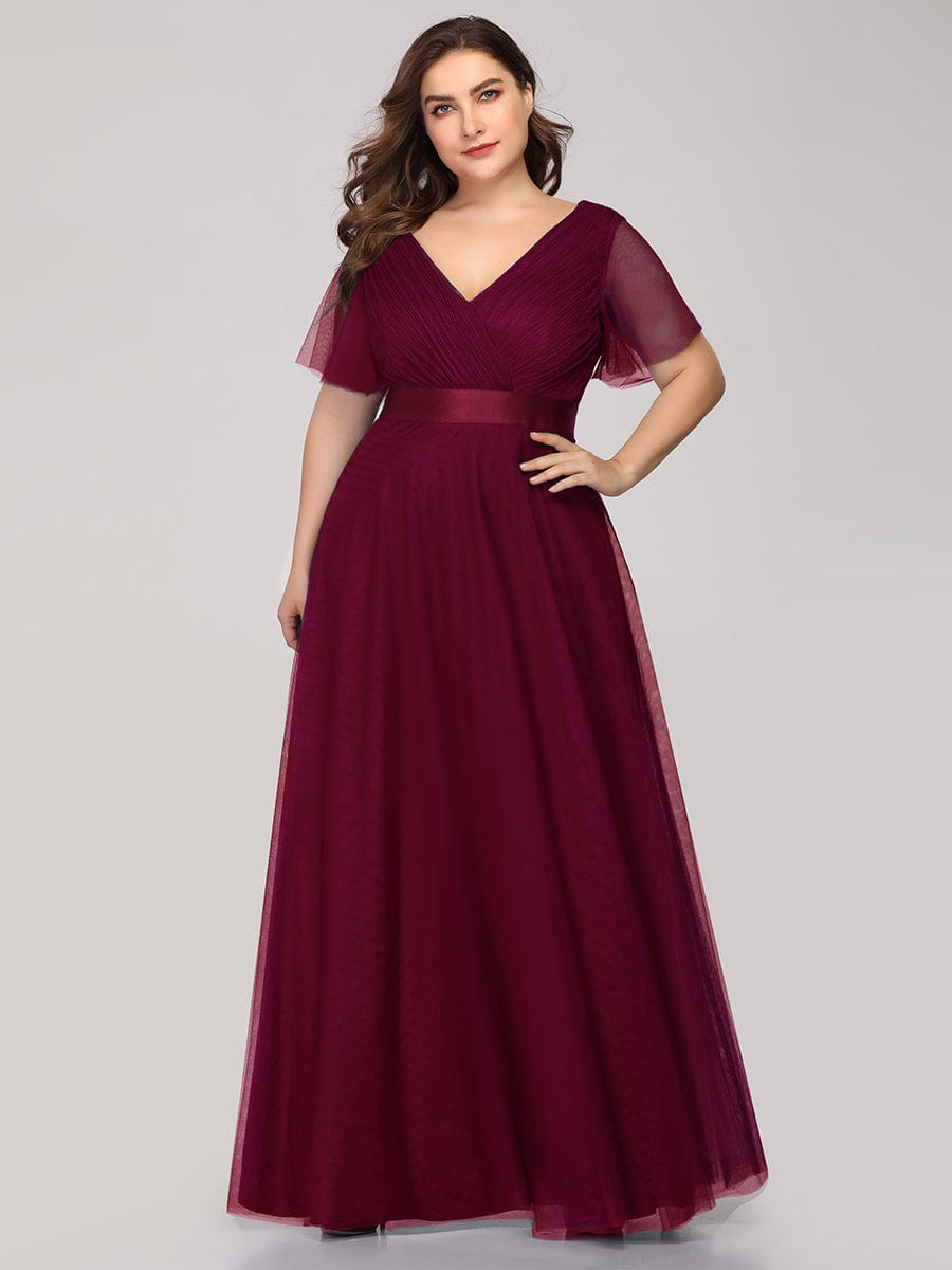 Custom Size Double V-Neck Floor-Length Short Sleeve Tulle Bridesmaid Dresses #color_Burgundy