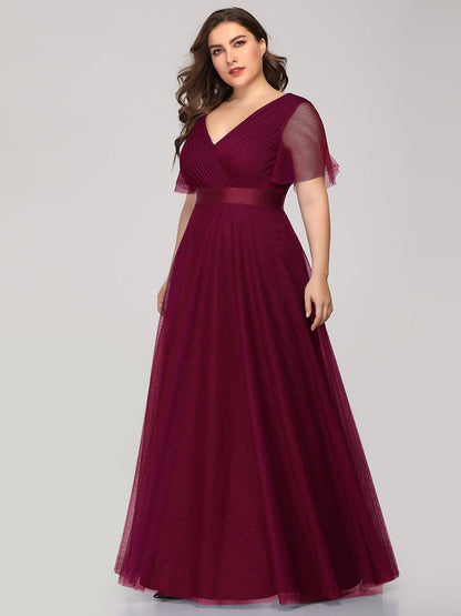 Custom Size Double V-Neck Floor-Length Short Sleeve Tulle Bridesmaid Dresses #color_Burgundy