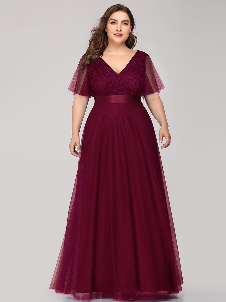 Custom Size Double V-Neck Floor-Length Short Sleeve Tulle Bridesmaid Dresses #color_Burgundy