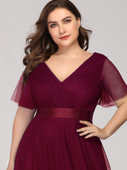 Custom Size Double V-Neck Floor-Length Short Sleeve Tulle Bridesmaid Dresses #color_Burgundy