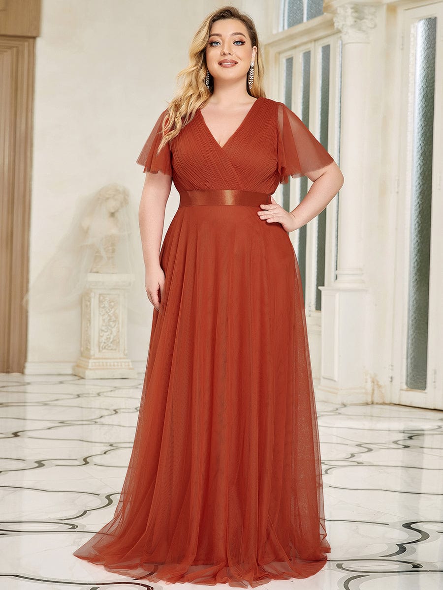 Custom Size Double V-Neck Floor-Length Short Sleeve Tulle Bridesmaid Dresses #color_Burnt Orange