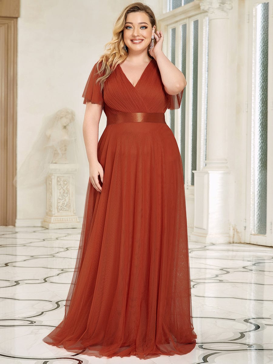 Custom Size Double V-Neck Floor-Length Short Sleeve Tulle Bridesmaid Dresses #color_Burnt Orange