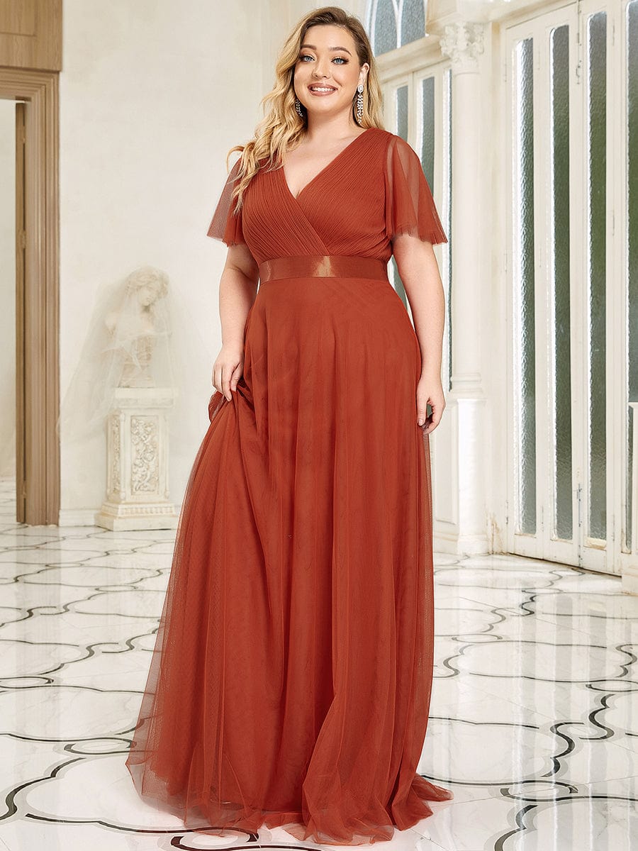 Custom Size Double V-Neck Floor-Length Short Sleeve Tulle Bridesmaid Dresses #color_Burnt Orange