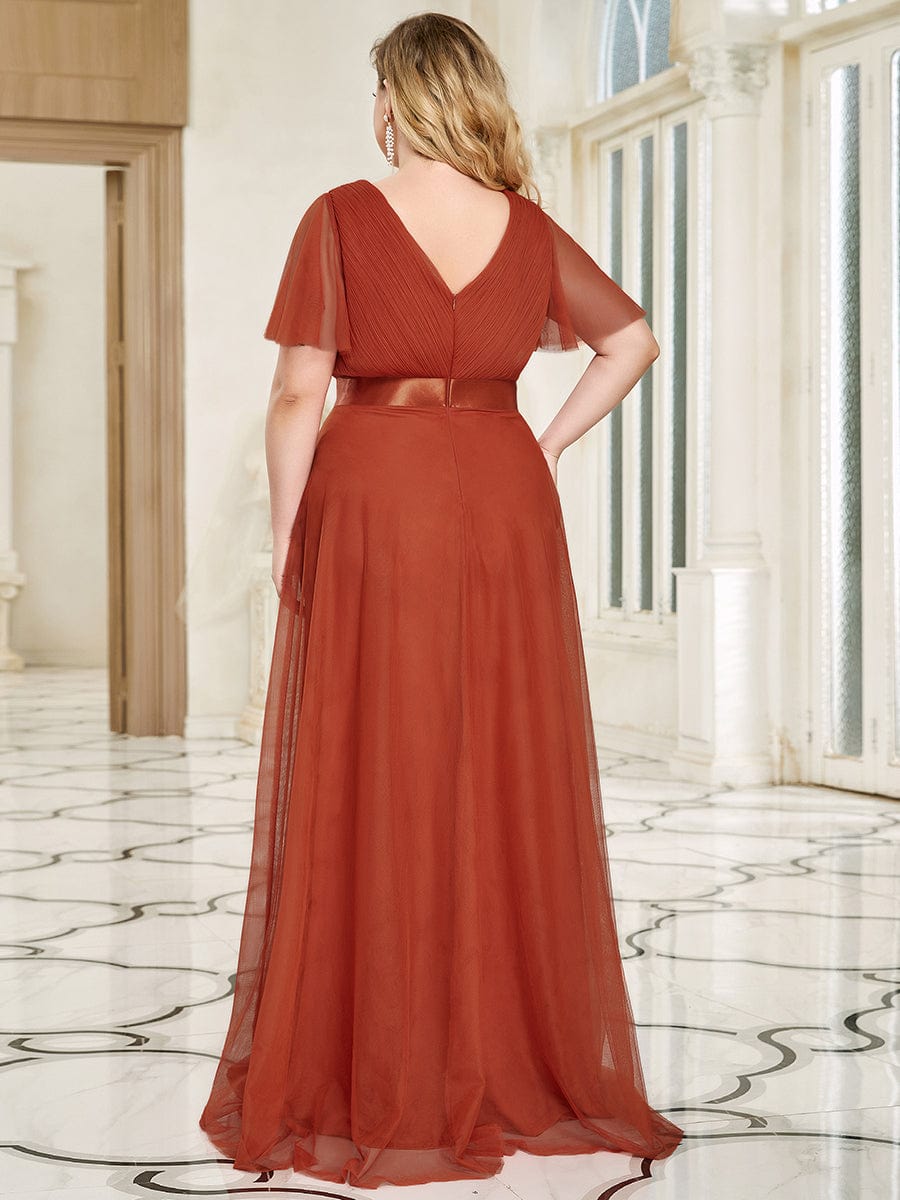 Custom Size Double V-Neck Floor-Length Short Sleeve Tulle Bridesmaid Dresses #color_Burnt Orange