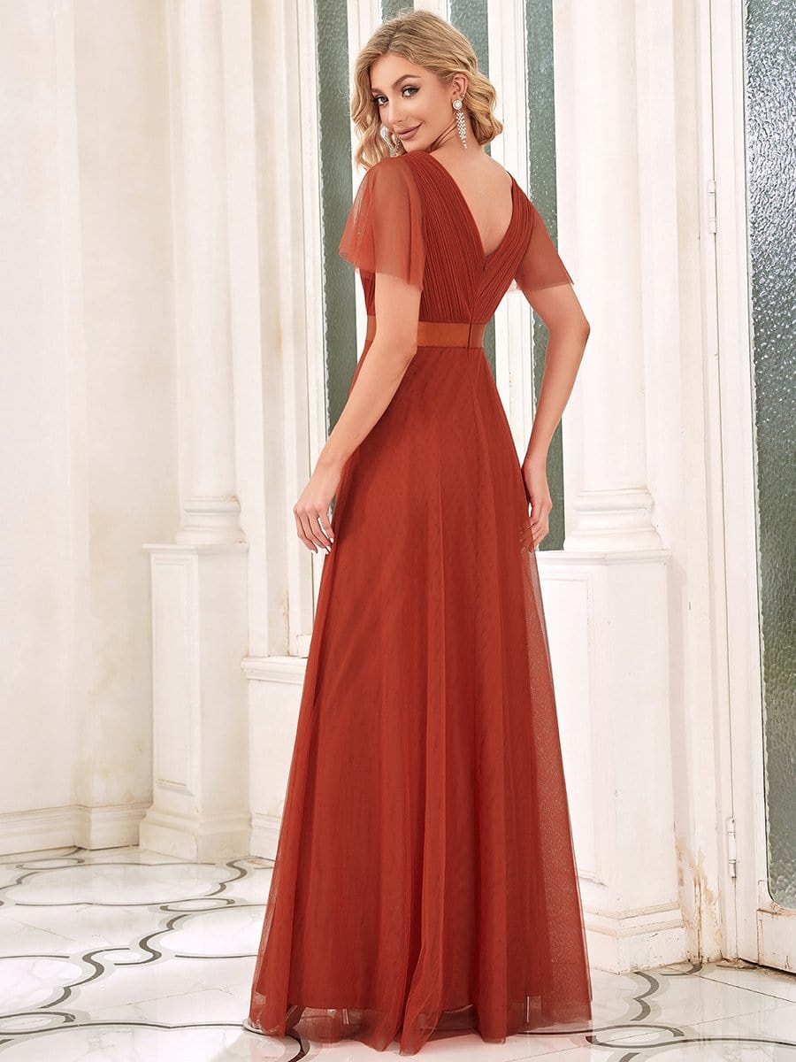 V-Neck Floor-Length Short Sleeve Tulle Bridesmaid Dresses #color_Burnt Orange 