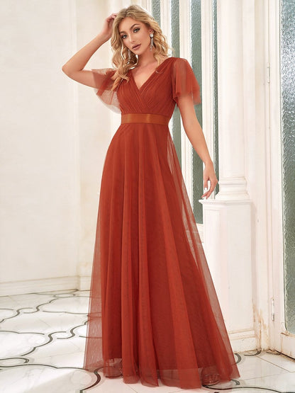 V-Neck Floor-Length Short Sleeve Tulle Bridesmaid Dresses #color_Burnt Orange 