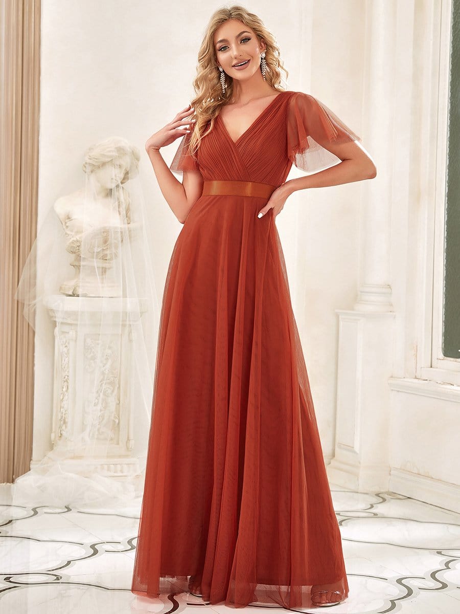 V-Neck Floor-Length Short Sleeve Tulle Bridesmaid Dresses #color_Burnt Orange 