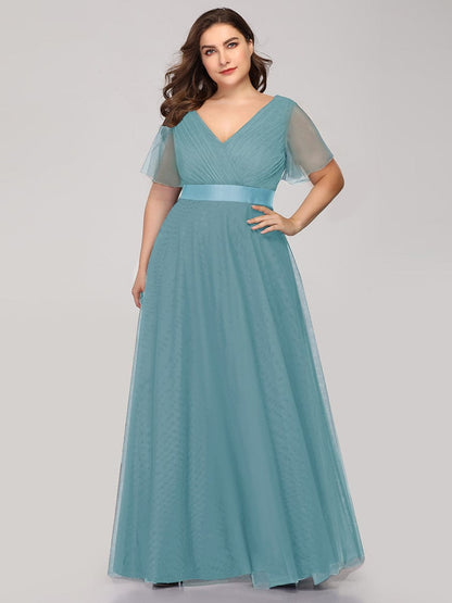 Custom Size Double V-Neck Floor-Length Short Sleeve Tulle Bridesmaid Dresses #color_Dusty Blue