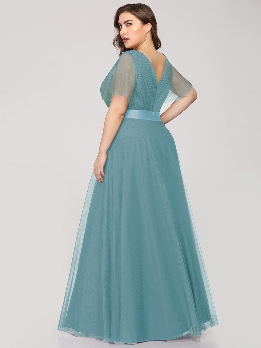 Custom Size Double V-Neck Floor-Length Short Sleeve Tulle Bridesmaid Dresses #color_Dusty Blue