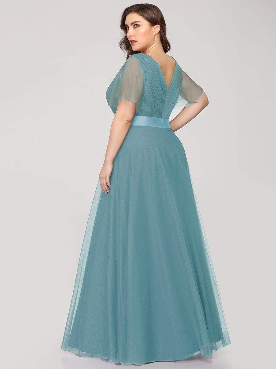 Double V-Neck Floor-Length Short Sleeve Tulle Bridesmaid Dresses #color_Dusty Blue 