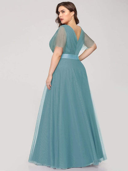 Double V-Neck Floor-Length Short Sleeve Tulle Bridesmaid Dresses #color_Dusty Blue 