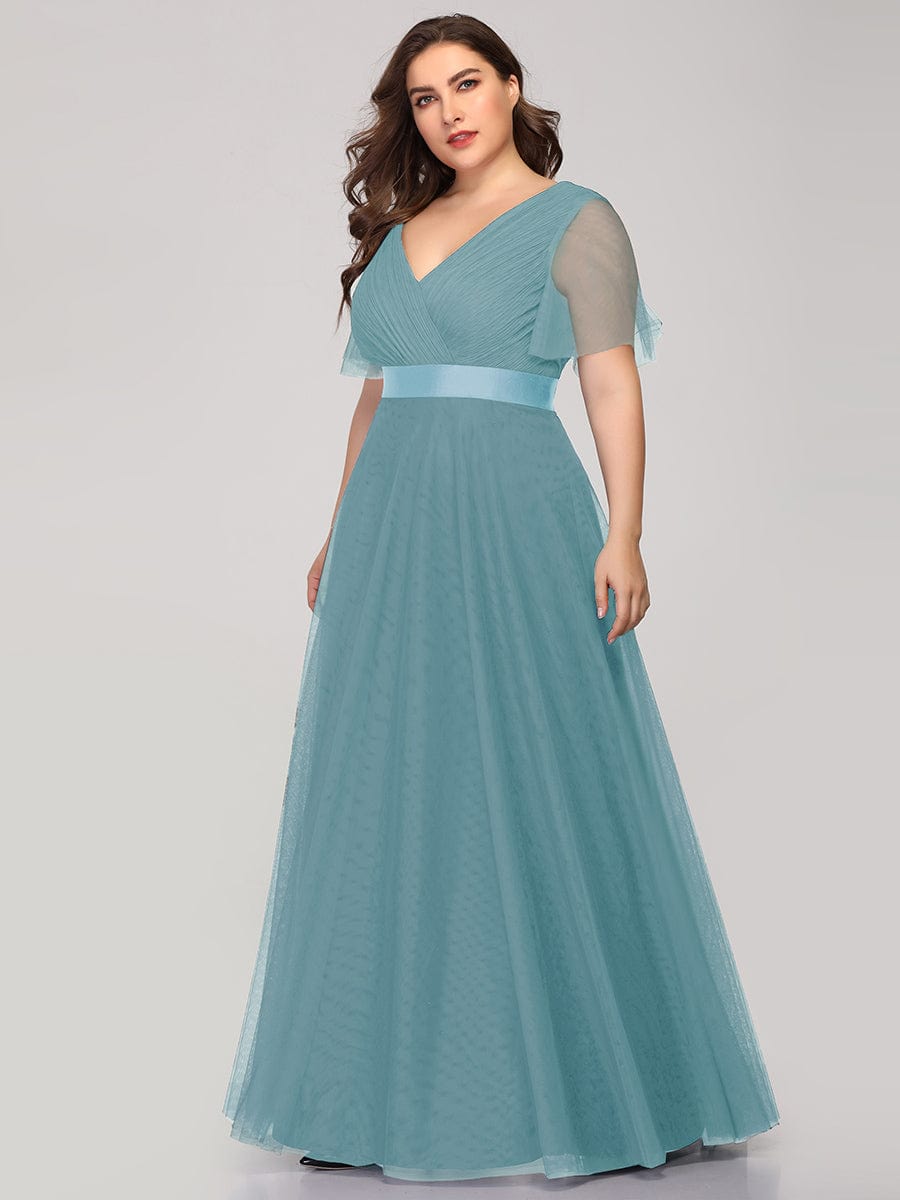 Custom Size Double V-Neck Floor-Length Short Sleeve Tulle Bridesmaid Dresses #color_Dusty Blue