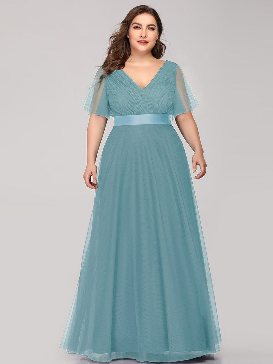 Custom Size Double V-Neck Floor-Length Short Sleeve Tulle Bridesmaid Dresses #color_Dusty Blue