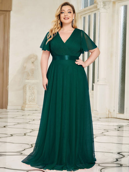 Custom Size Double V-Neck Floor-Length Short Sleeve Tulle Bridesmaid Dresses #color_Dark Green