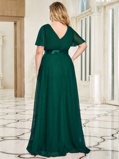 Custom Size Double V-Neck Floor-Length Short Sleeve Tulle Bridesmaid Dresses #color_Dark Green