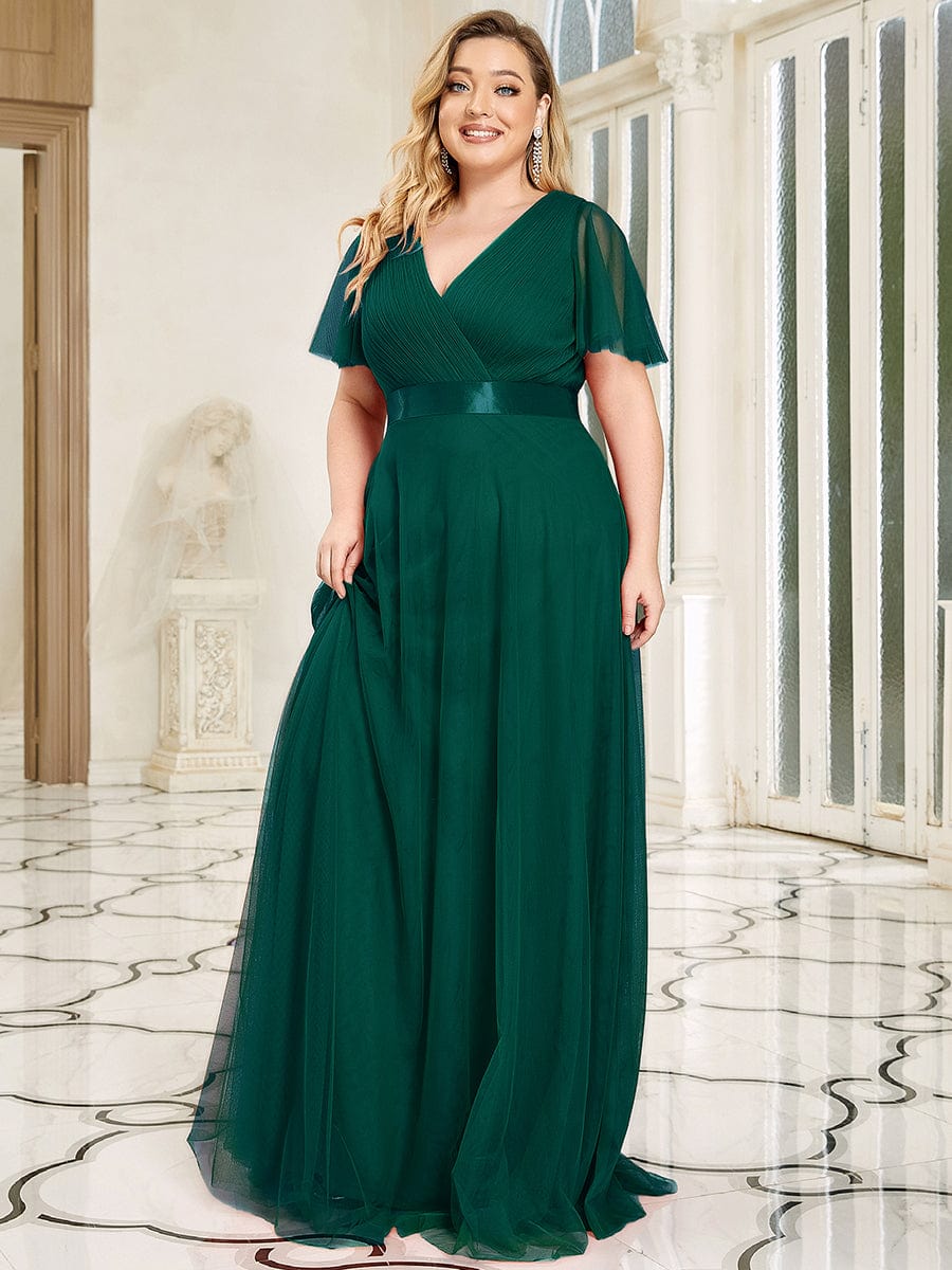 Custom Size Double V-Neck Floor-Length Short Sleeve Tulle Bridesmaid Dresses #color_Dark Green