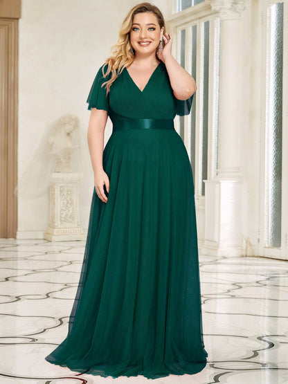 Double V-Neck Floor-Length Short Sleeve Tulle Bridesmaid Dresses #color_Dark Green