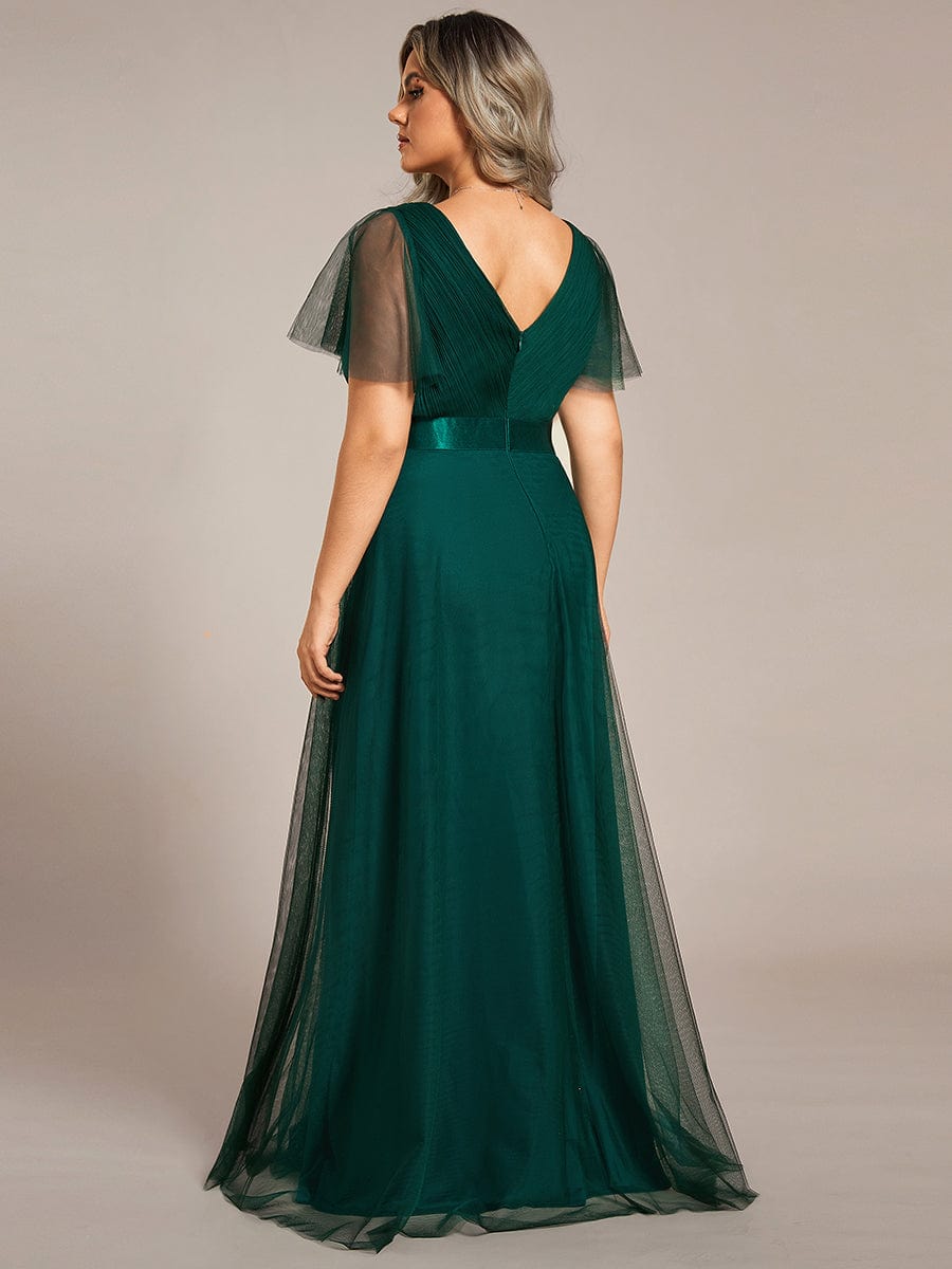 Double V-Neck Floor-Length Short Sleeve Tulle Bridesmaid Dresses #color_Dark Green