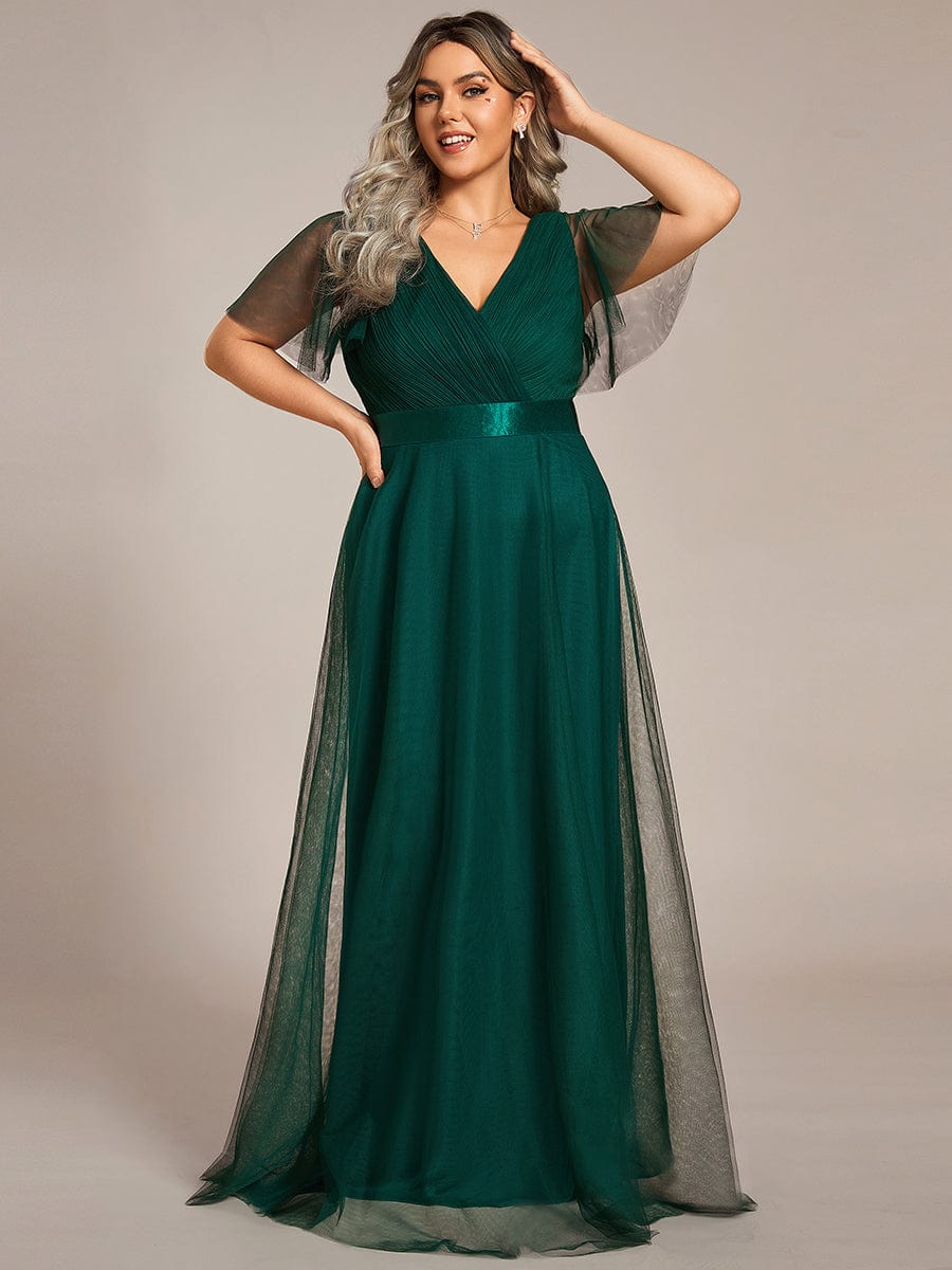 Double V-Neck Floor-Length Short Sleeve Tulle Bridesmaid Dresses #color_Dark Green