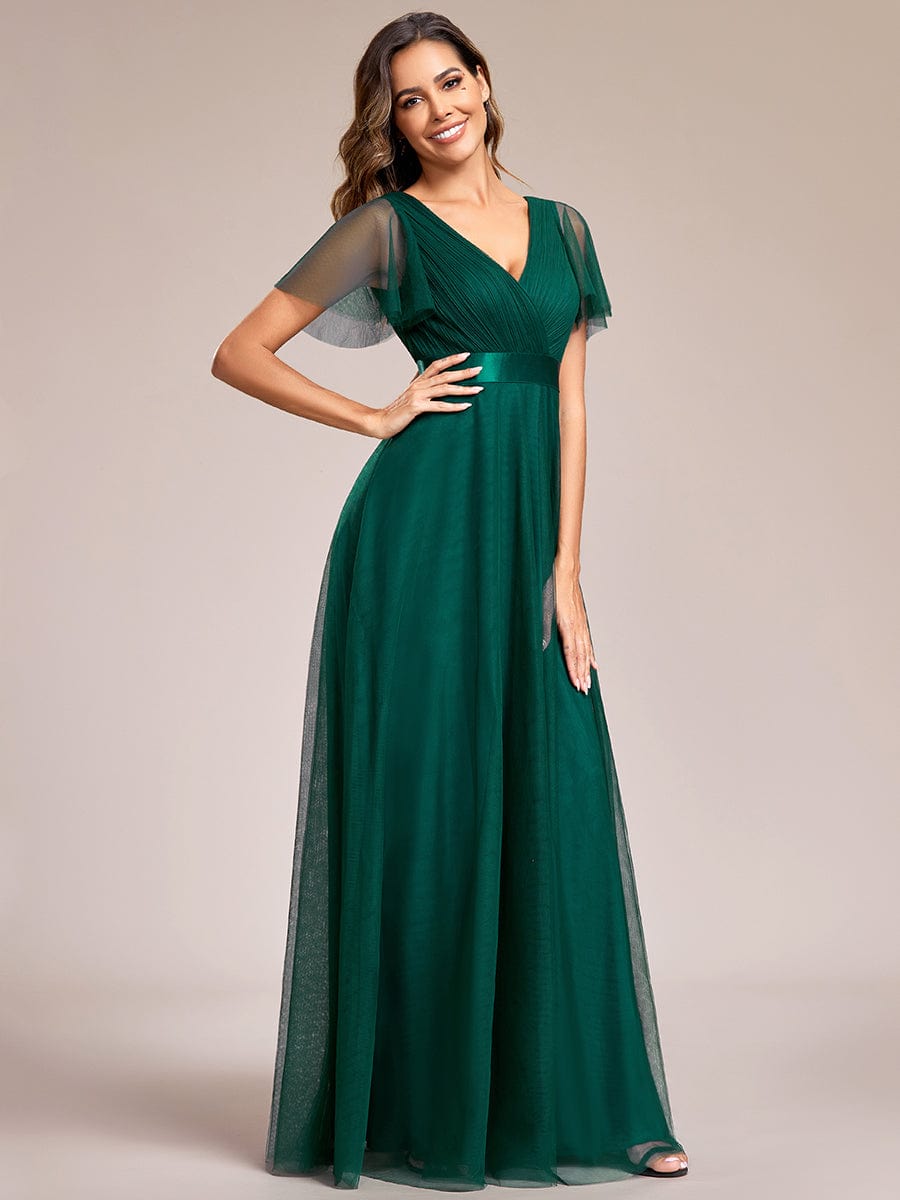 Double V-Neck Floor-Length Short Sleeve Tulle Bridesmaid Dresses #color_Dark Green